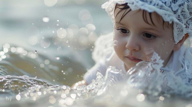 A baby wearing a white baptism outfit enjoys the gentle waves in a peaceful outdoor location