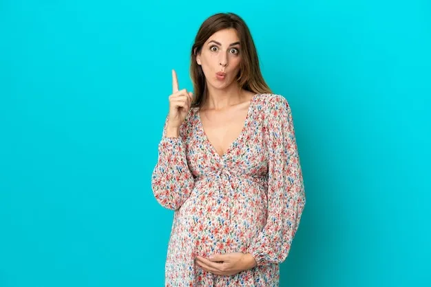 Caucasian woman isolated on blue background pregnant and thinking