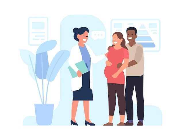 Doctor consults pregnant woman Family at appointment in perinatal clinic Consultation with gynecologist Health examination Visit in hospital Couple talk with physician Vector concept