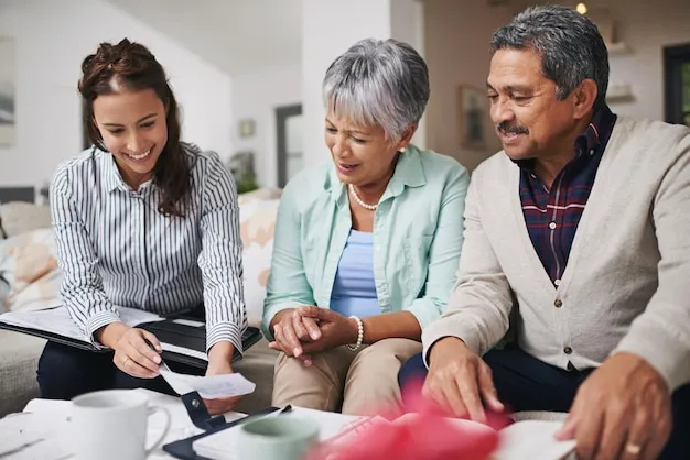 Financial advisor senior couple and home meeting for asset management retirement planning or finance advice Elderly man people and agent discussion of pension helping budget or happy investment