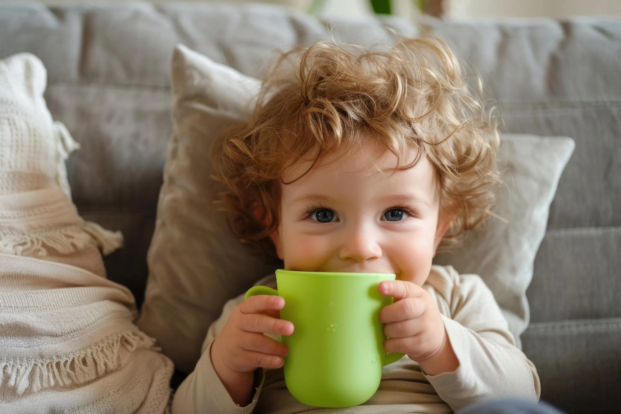Happy child drinks from spill proof cup on couch