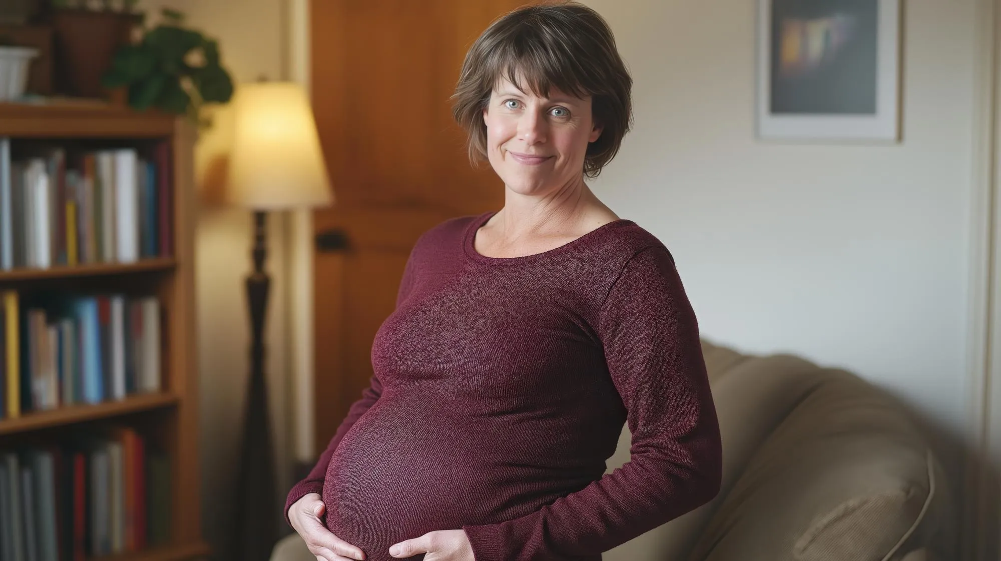 Middleaged pregnant woman relaxing indoors in a cozy home setting