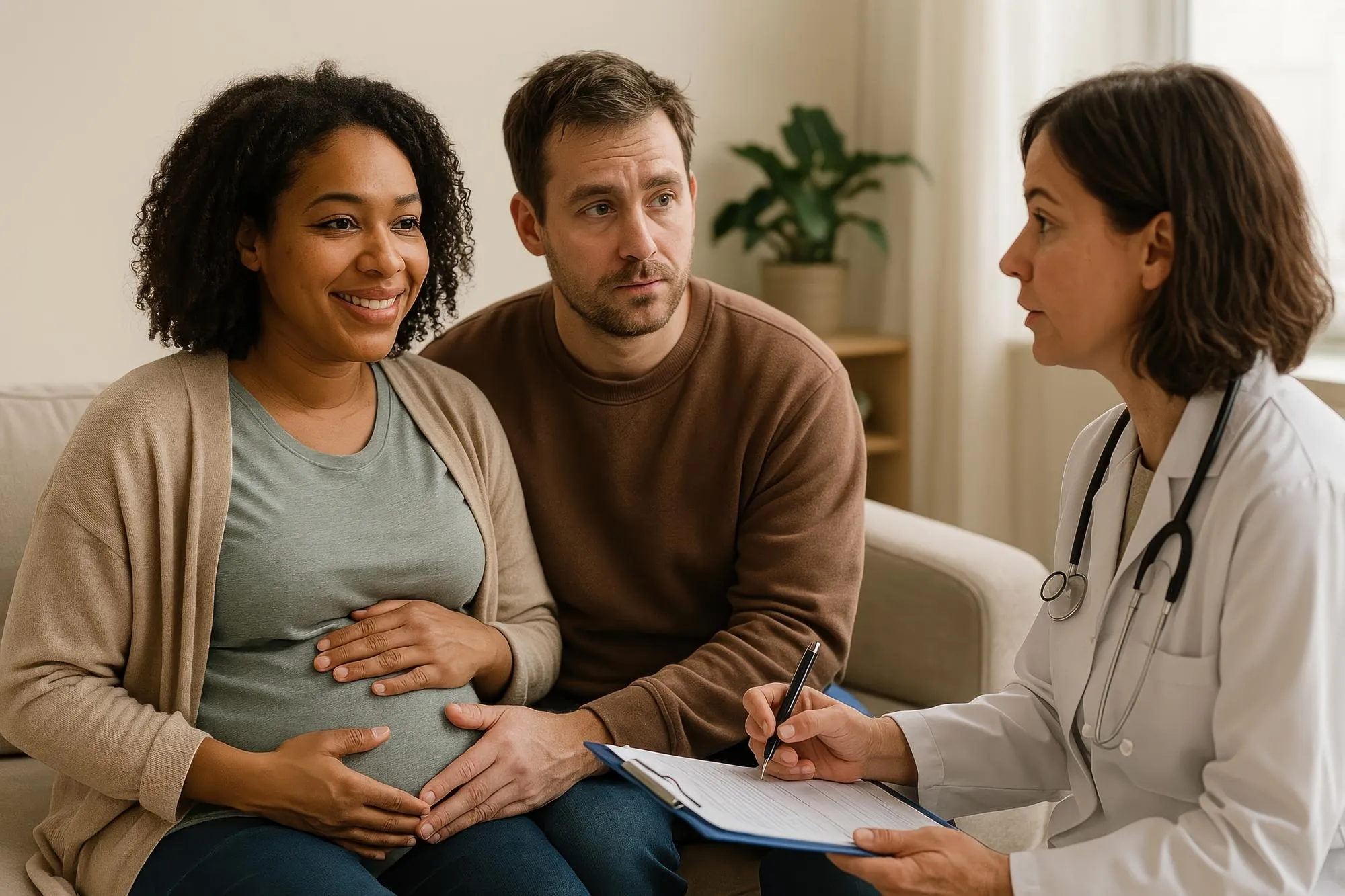 Pregnant couple consulting doctor