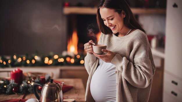 Pregnant woman making cup of hot drink