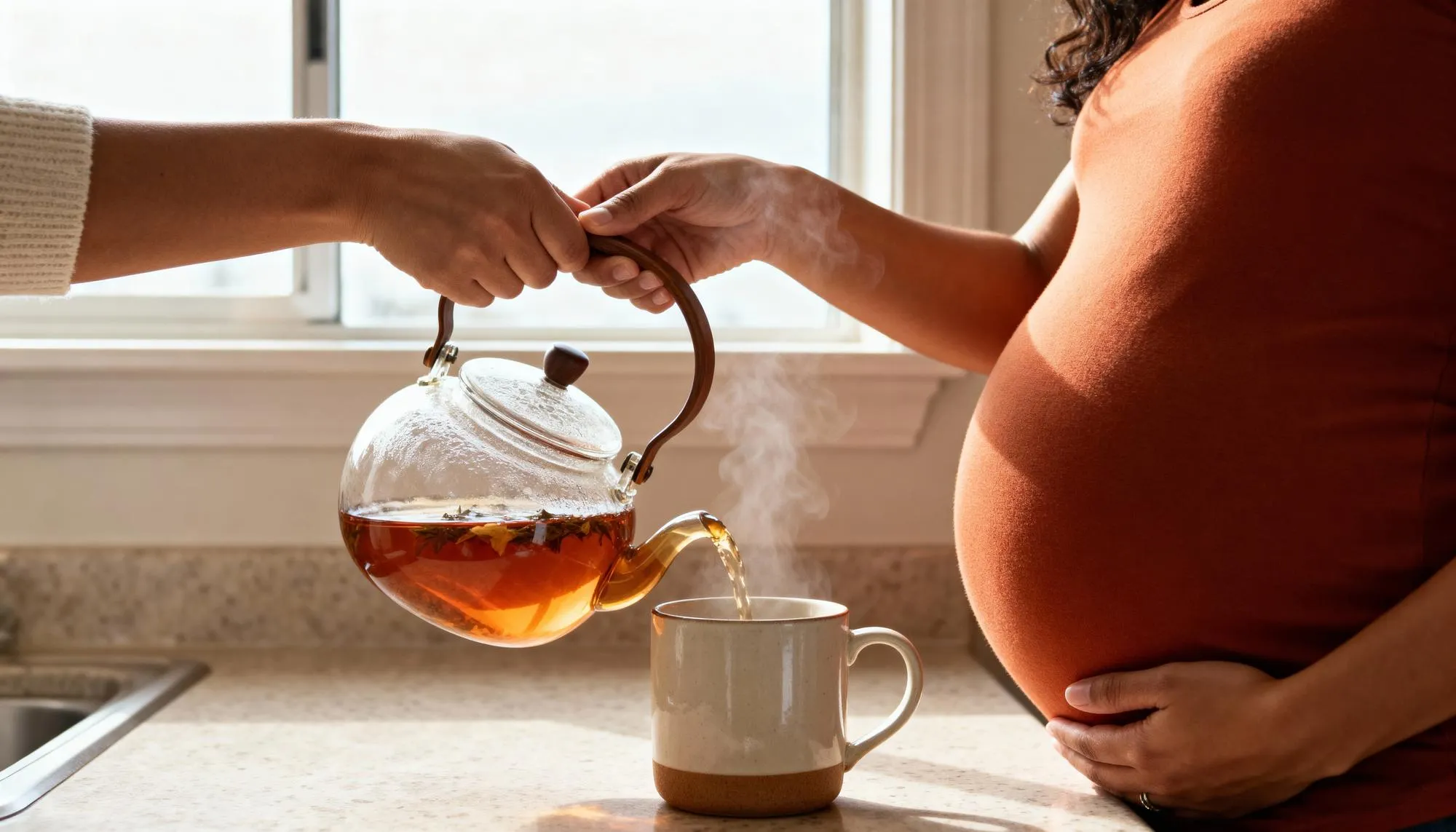 Pregnant woman pouring tea into cup Latina in warm topi tones near window in soft daylight