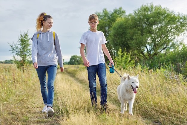 Teens walking with white dog in meadow on sunny day, owners boy and girl with pet on nature