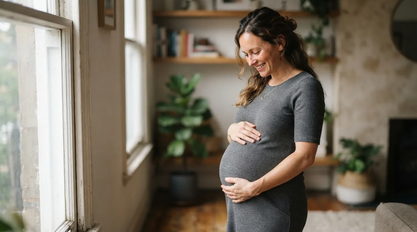 a pregnant woman gently touching her belly