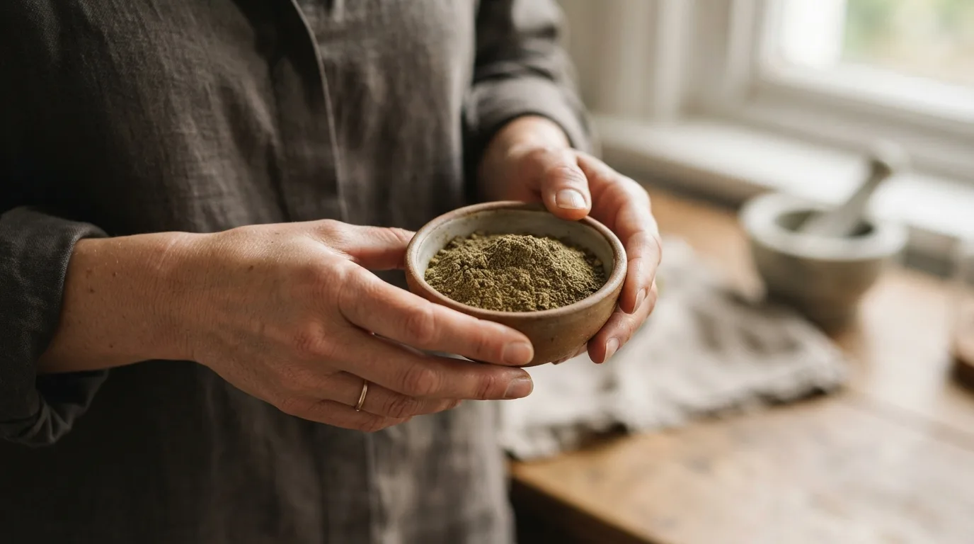 a person holding a small bowl of herbal powder