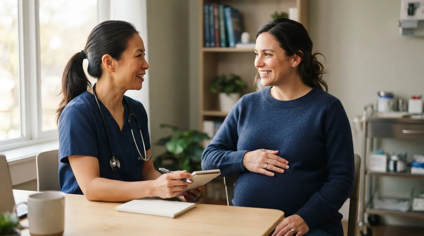 a pregnant woman talking to a doctor