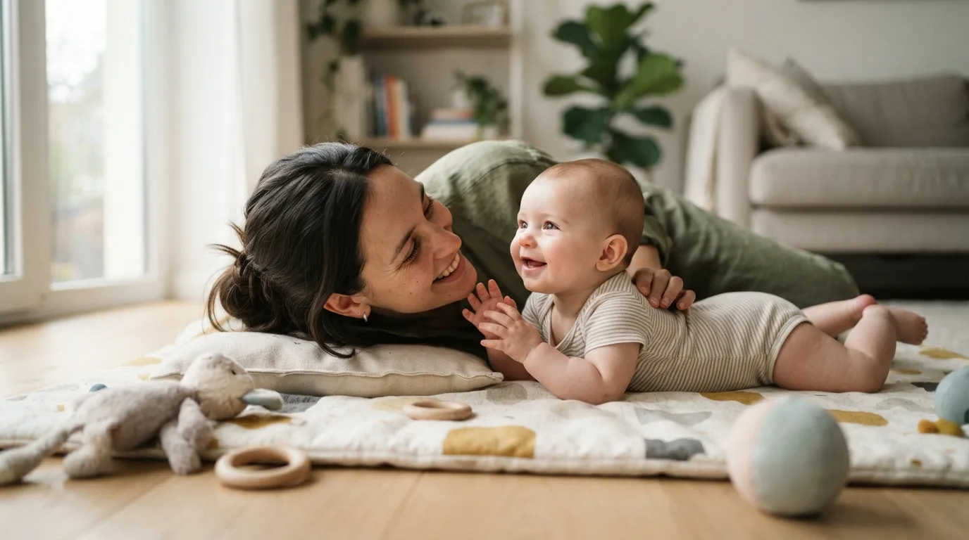 a parent with a baby lying on a play mat