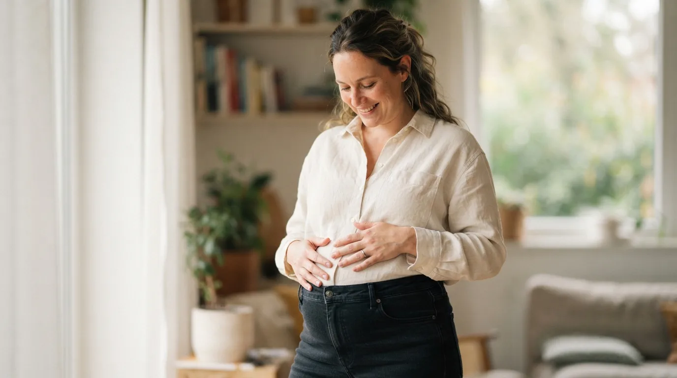 a pregnant woman resting her hands on her belly