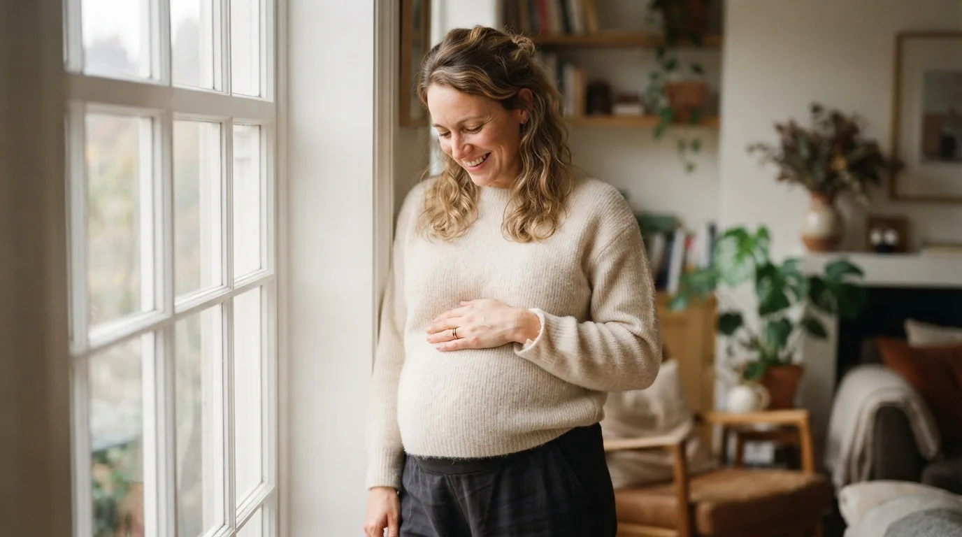 a pregnant woman resting her hand on her belly