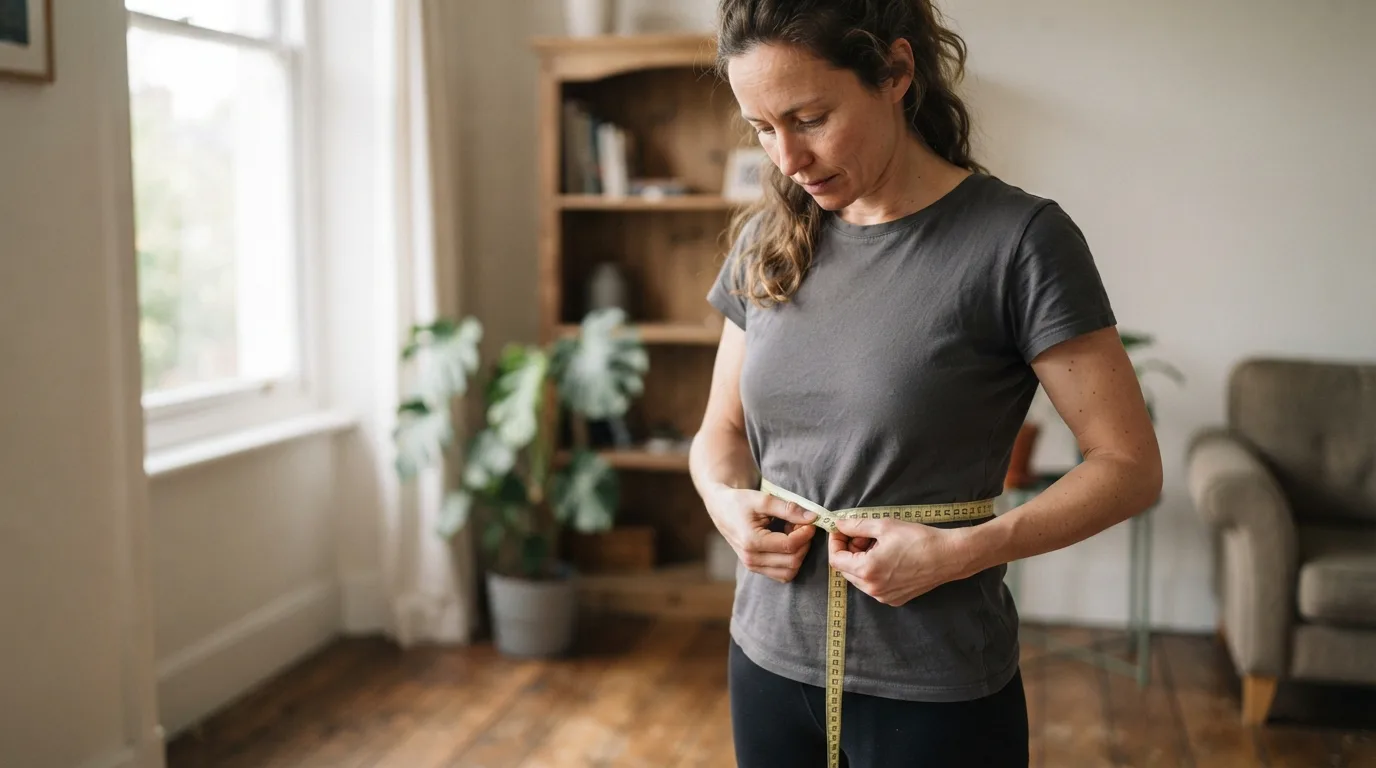 a person measuring their waist with a tape measure