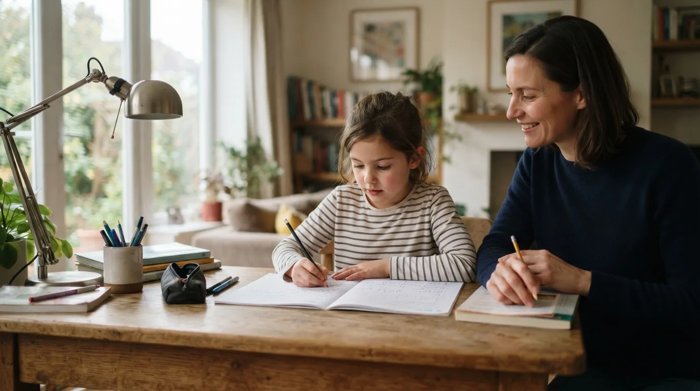a child studying at a desk with a parent nearby