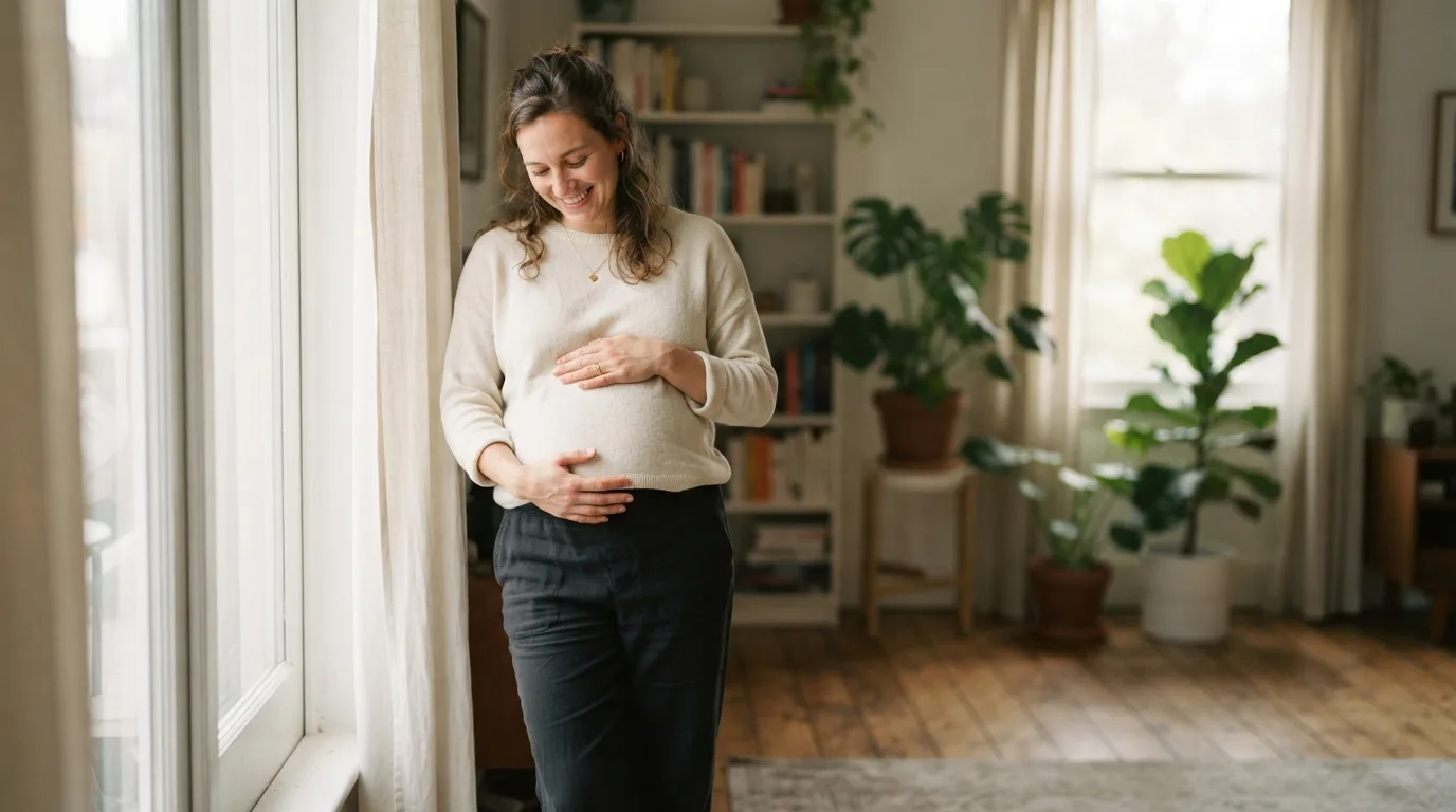 a pregnant woman touching her belly