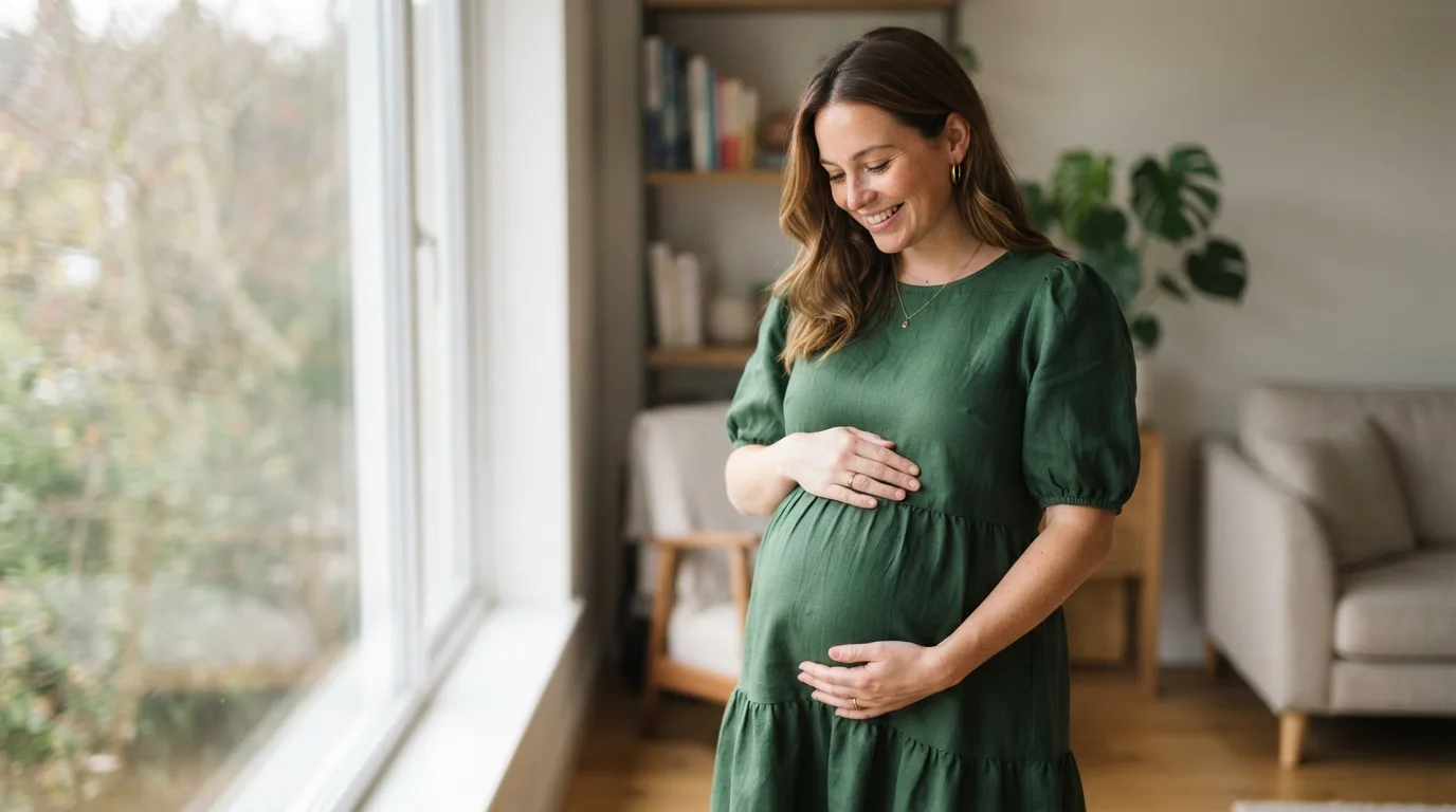 a pregnant woman in a stylish dress