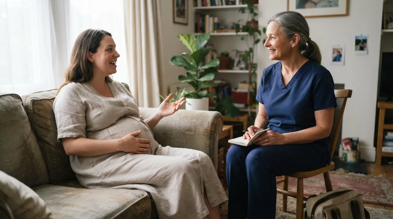 a pregnant woman talking with a midwife in a home setting