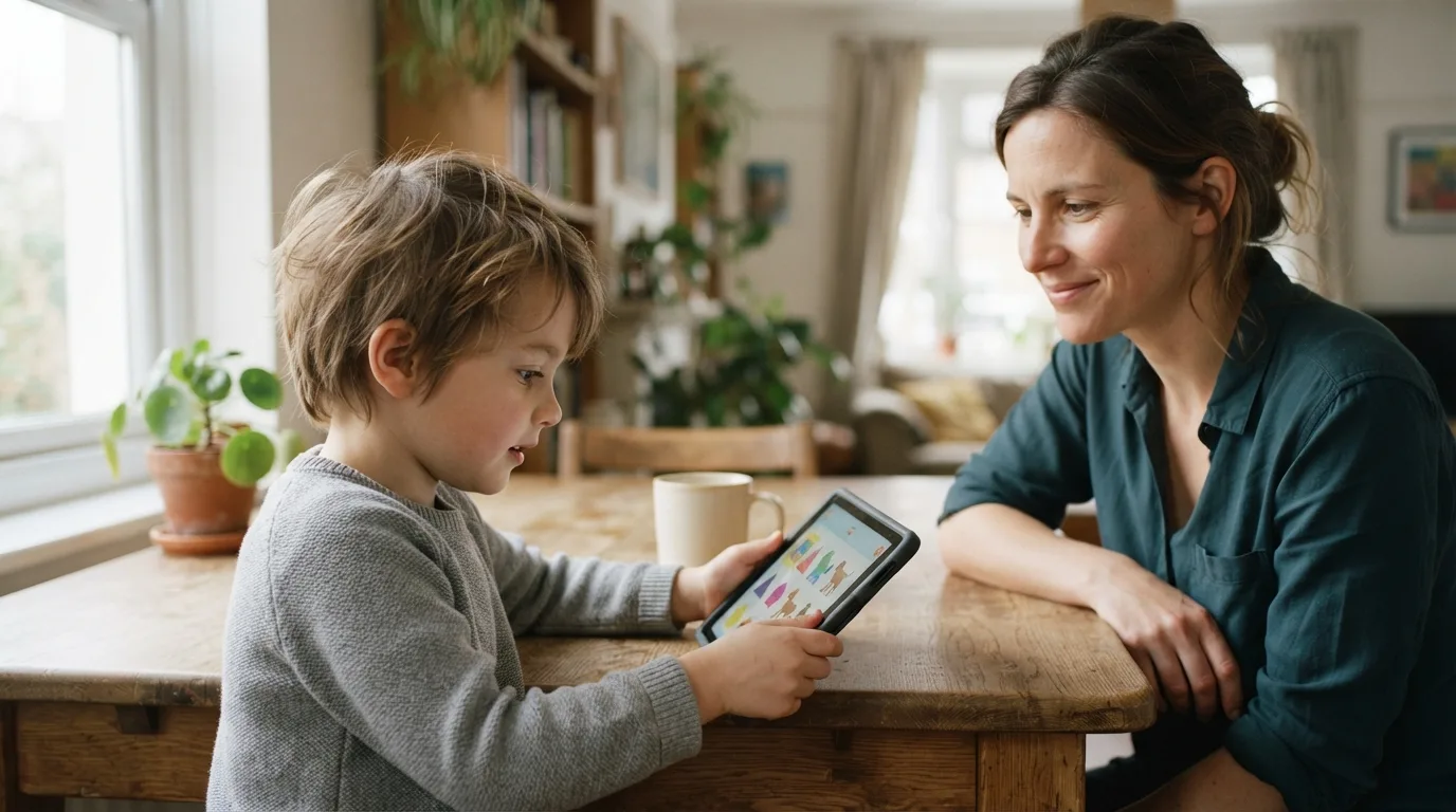 a child using a tablet with a parent nearby