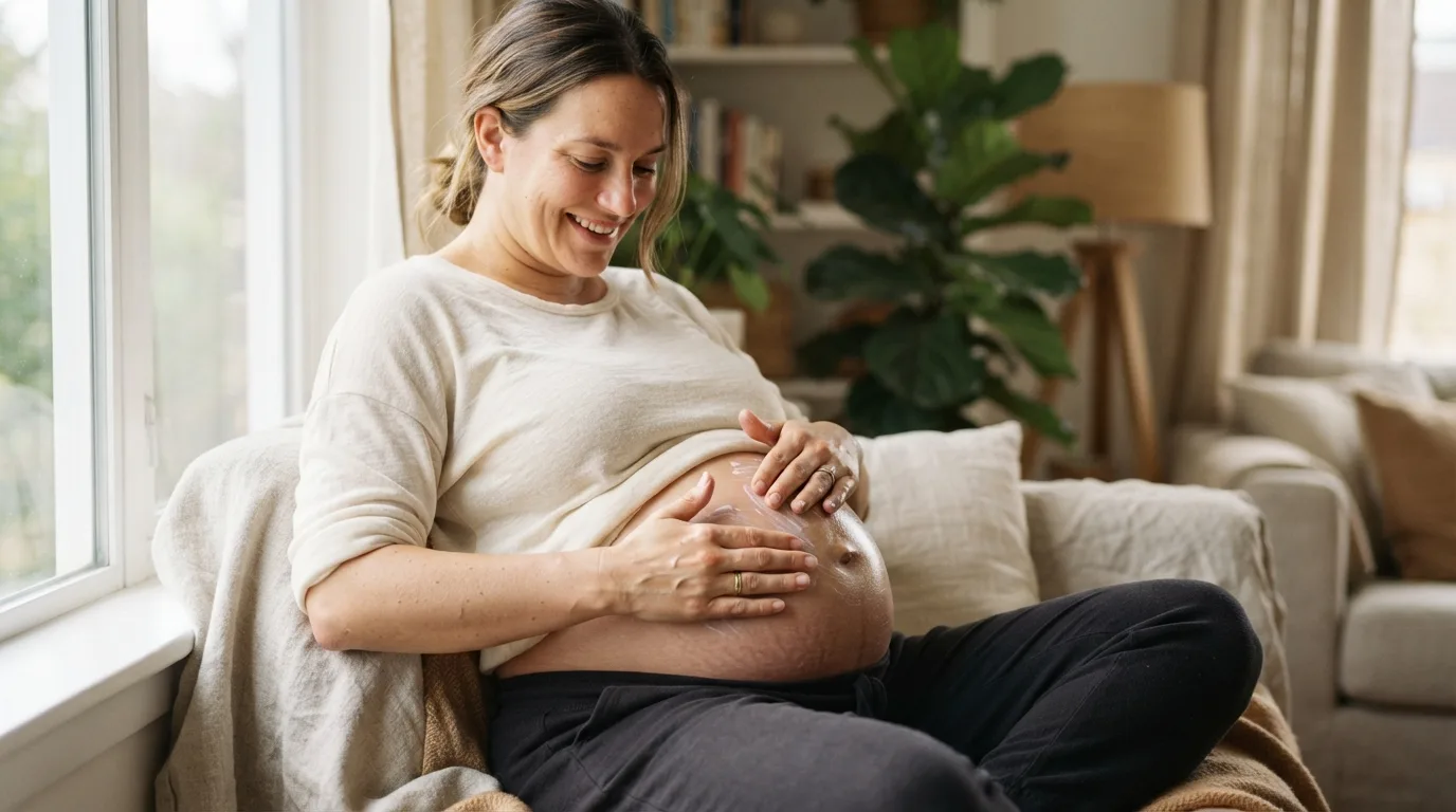 a pregnant woman applying lotion to her belly