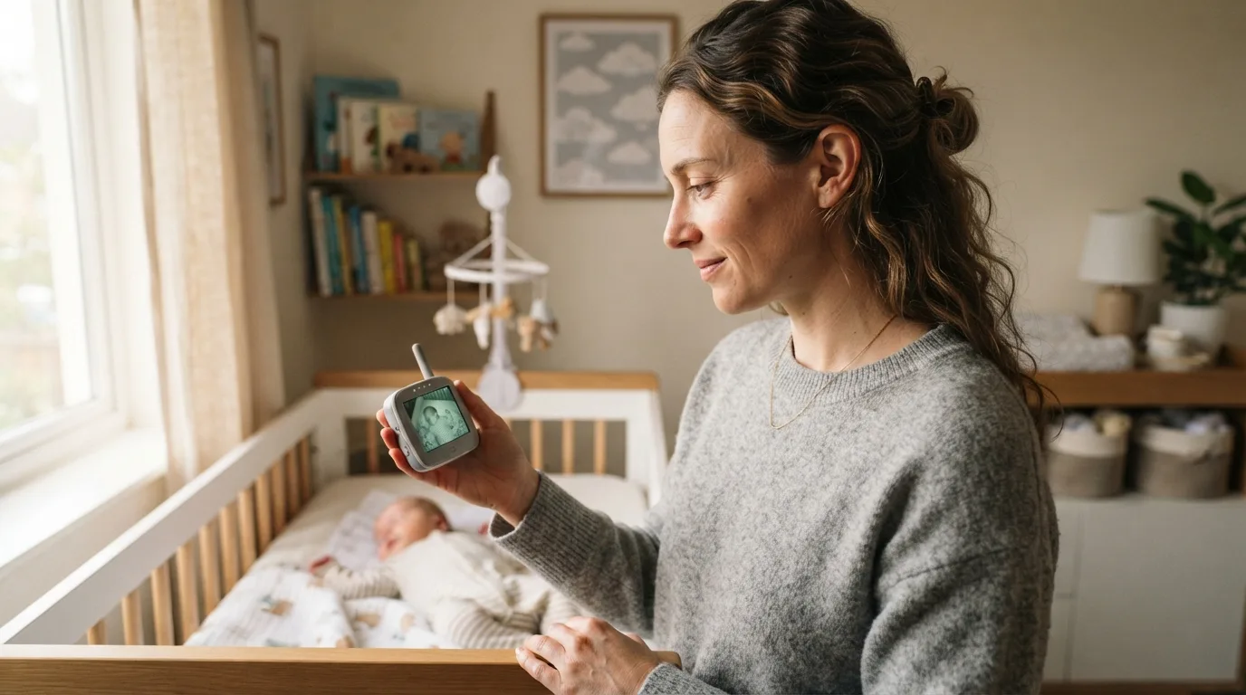 a parent checking a baby monitor in a nursery