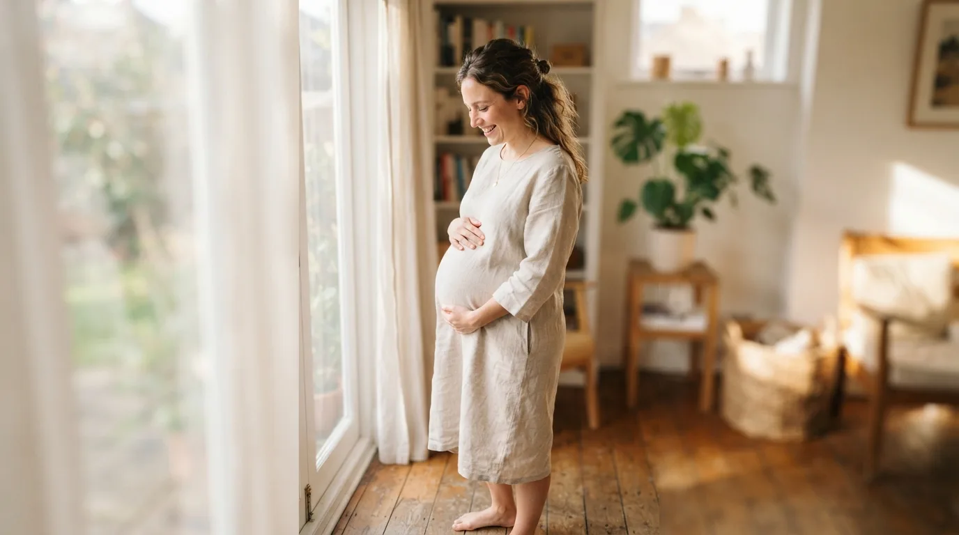 a pregnant woman in a bright room, holding her belly