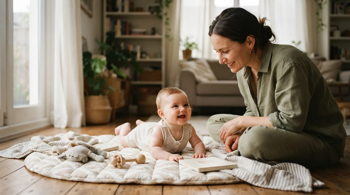 a parent watching a baby lying on its stomach on a soft mat