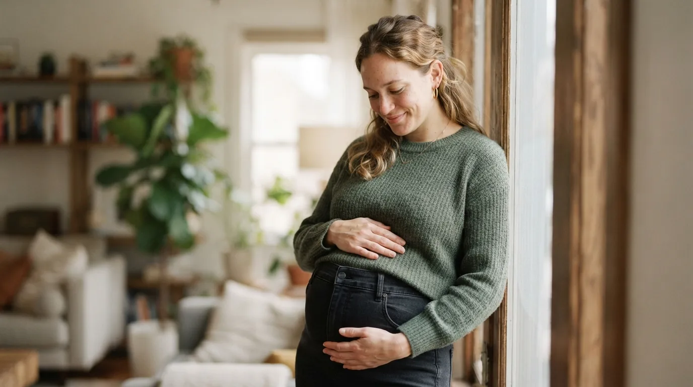 a pregnant woman touching her belly