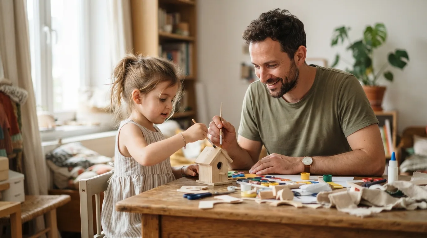 a father and child crafting together at a table