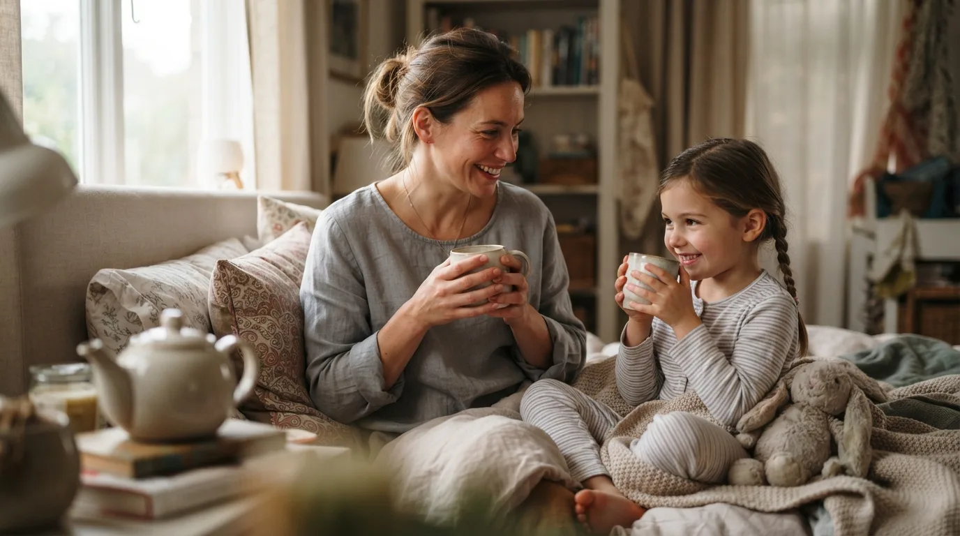 a parent and child drinking herbal tea together in a cozy bedroom at bedtime