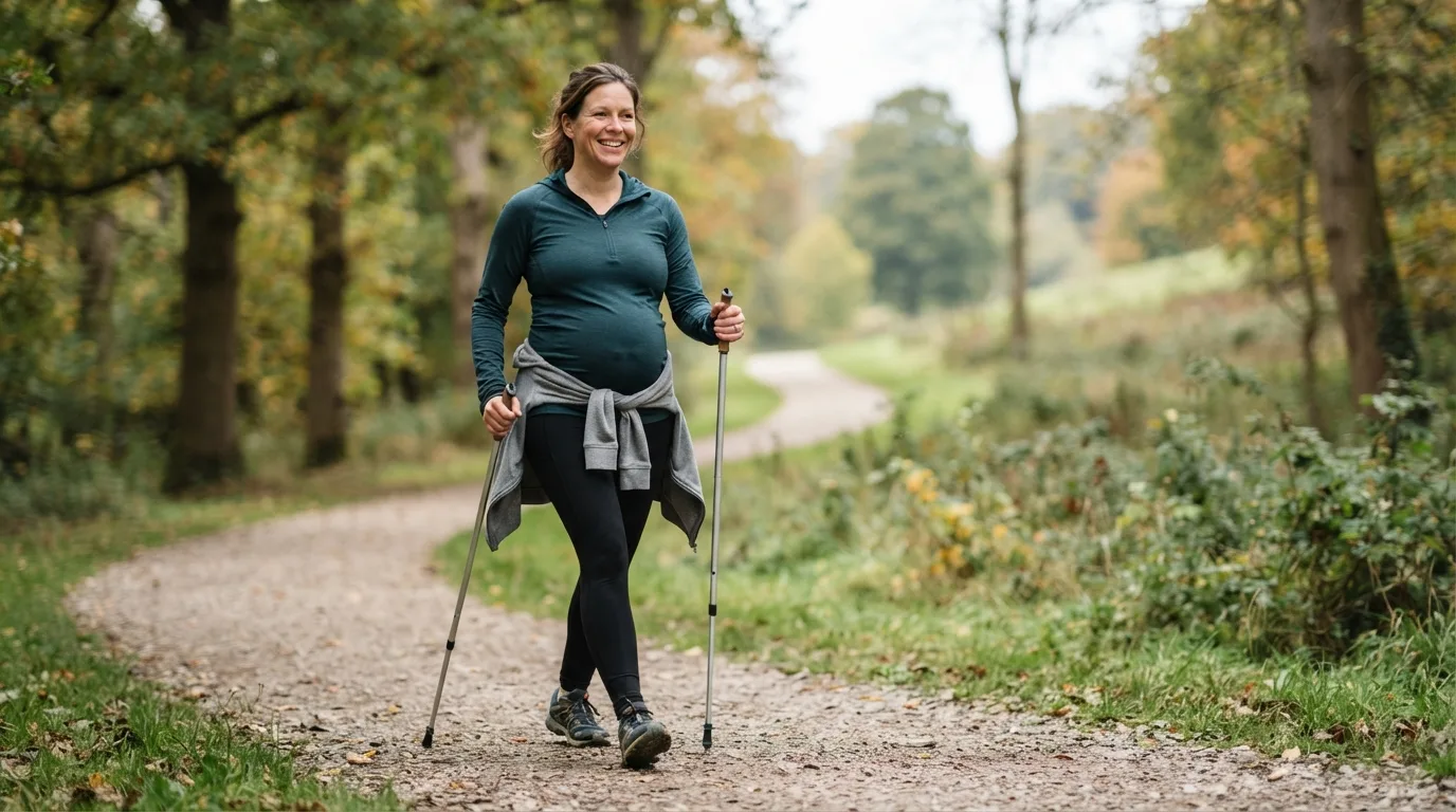 a pregnant woman walking outdoors with Nordic walking poles
