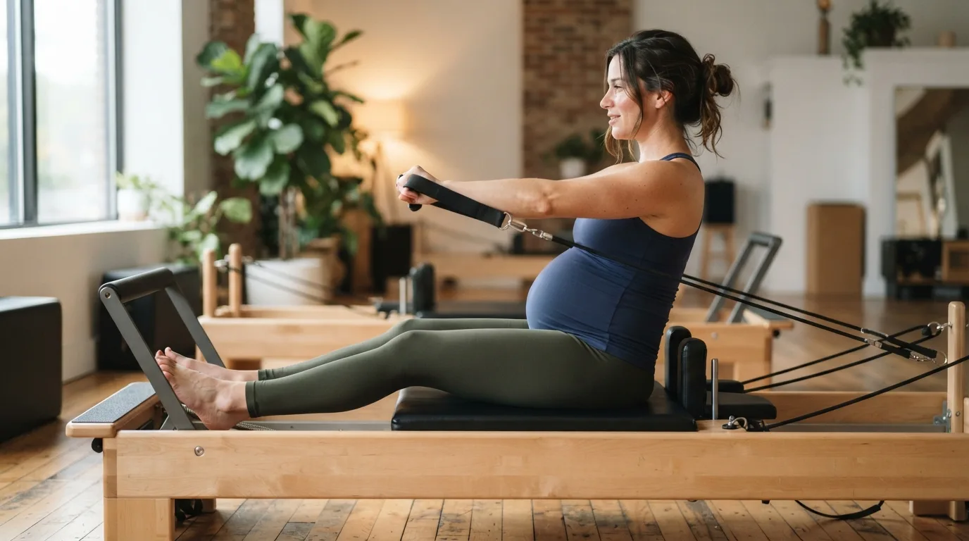 a pregnant woman exercising on a Pilates reformer