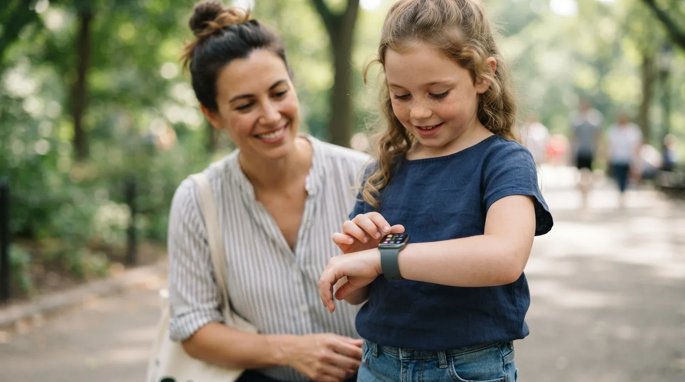 a child wearing a smartwatch on their wrist, with a parent nearby