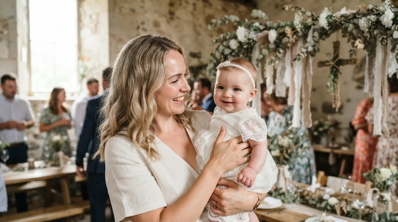 a parent and child at a baptism celebration with handmade decorations