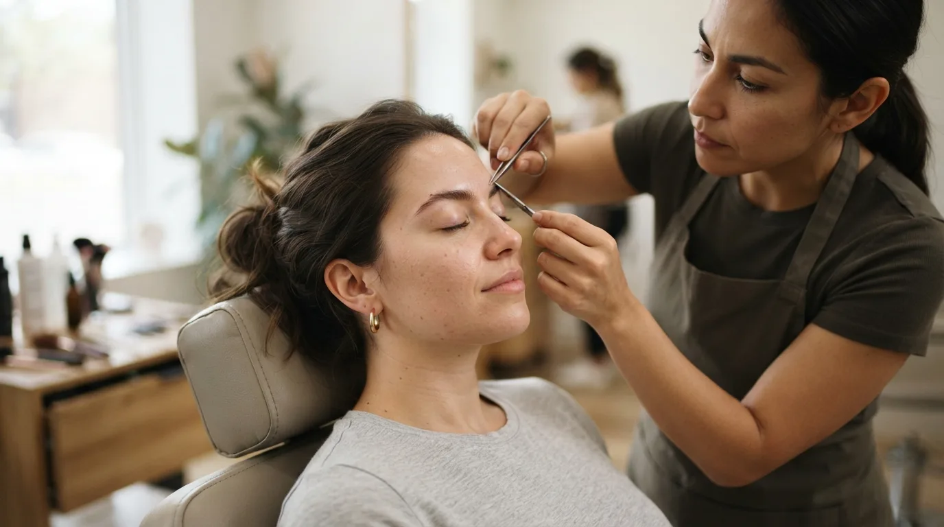 a woman getting her eyebrows styled in a beauty salon