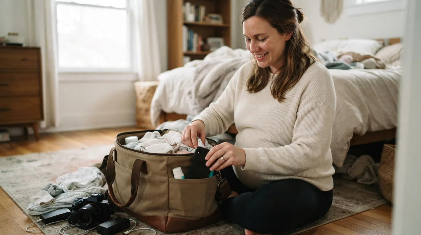 a pregnant woman packing a hospital bag with a smartphone and gadgets