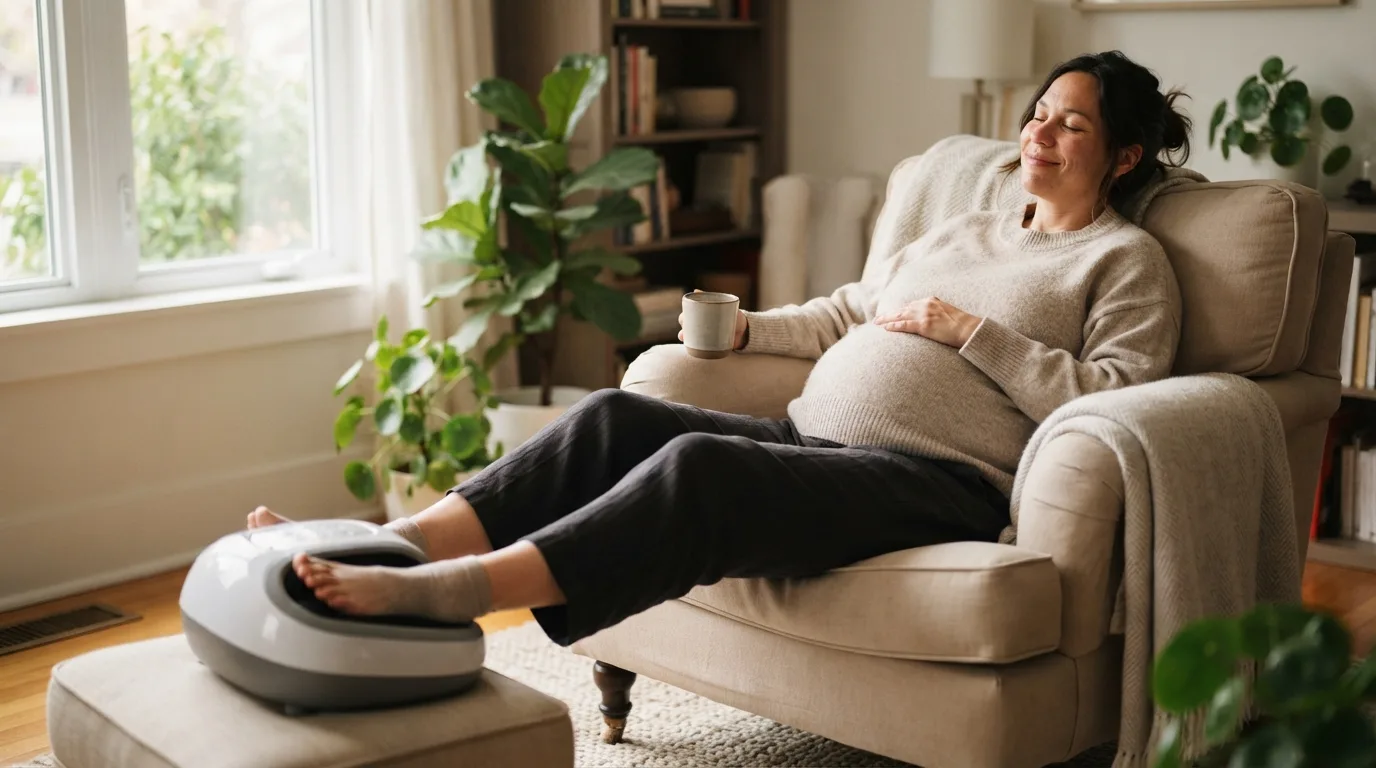 a pregnant woman relaxing with a foot massager