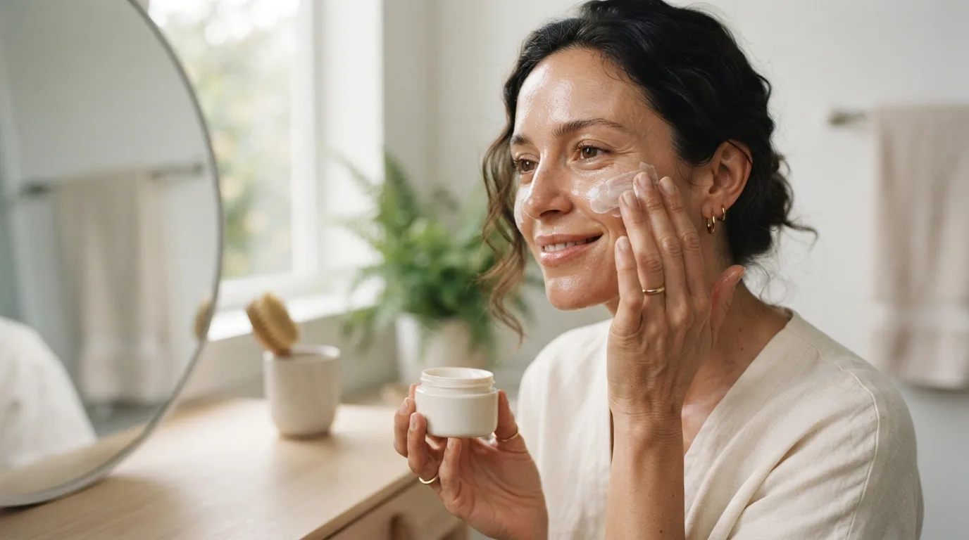 a woman applying skincare product to her face