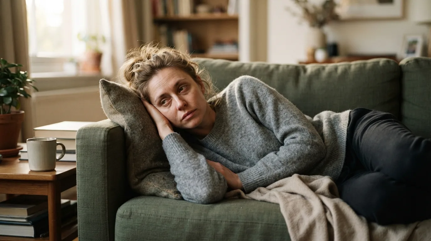a woman resting on a sofa, looking tired