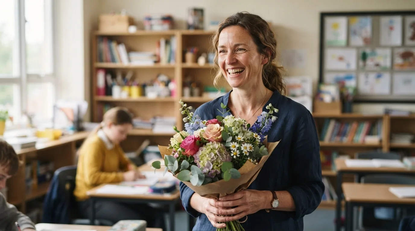 a smiling female teacher holding a bouquet of flowers in a classroom