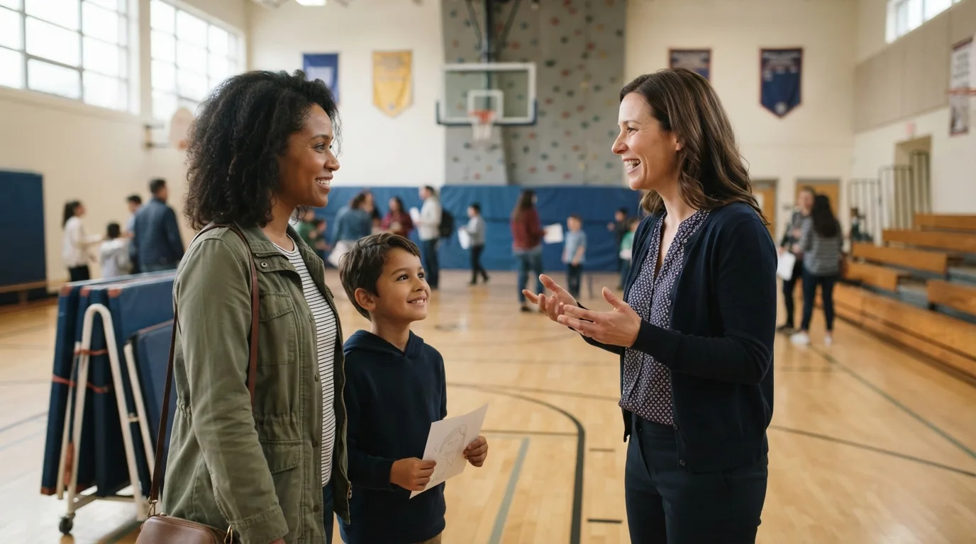 a parent and child talking with a teacher in a school gymnasium
