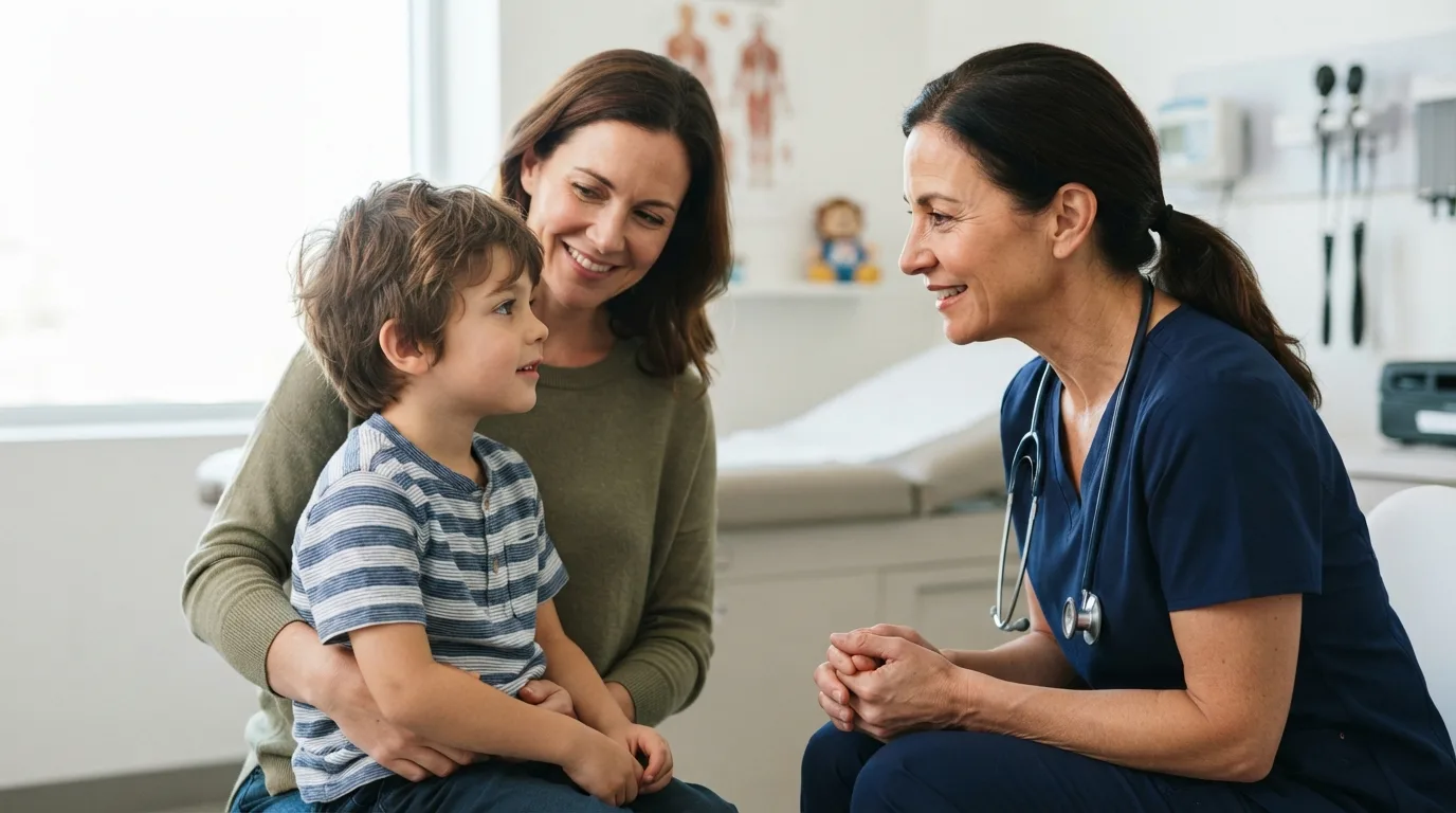 a parent and child talking to a doctor