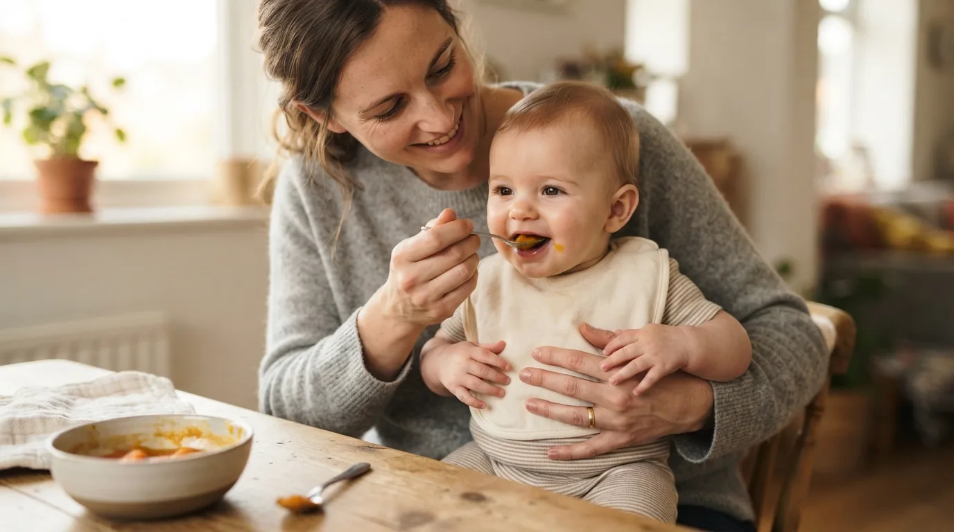 a parent feeding a baby a small amount of food from a spoon