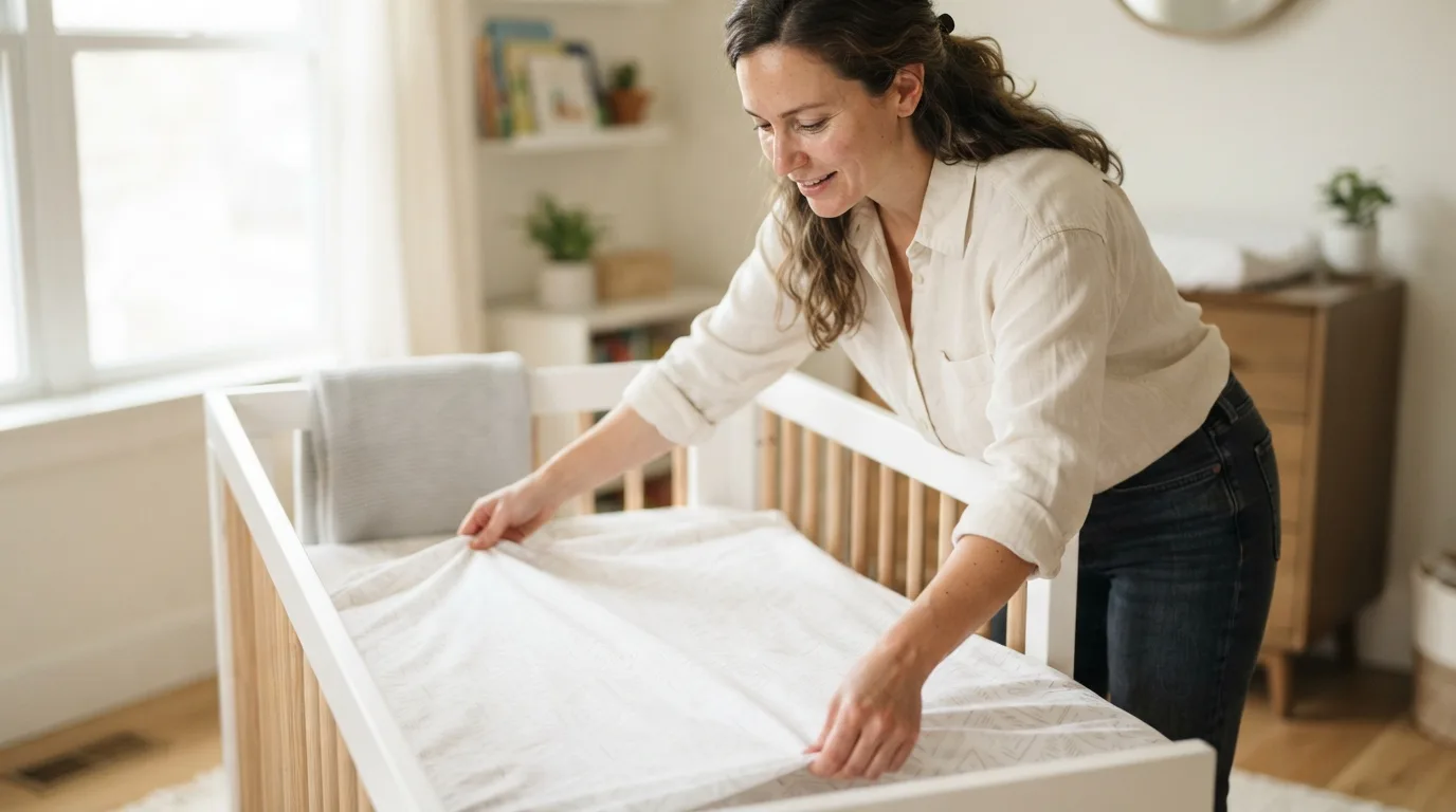 a parent arranging a baby crib in a nursery