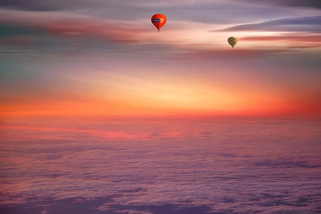 hot air balloons, clouds, sunset, nature, fantasy