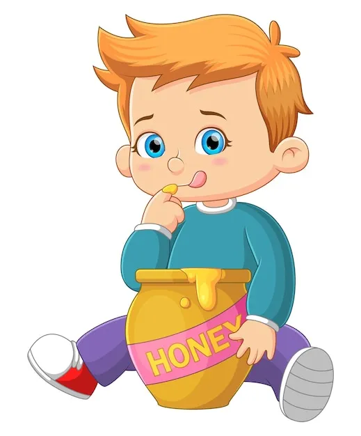 The little boy is licking the sweet honey from the jug