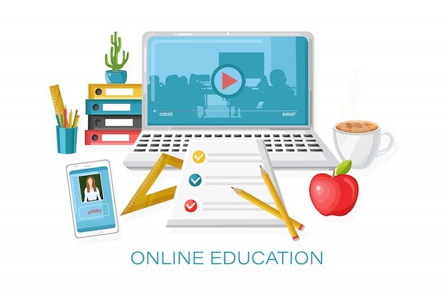 Online courses education. Learning process. notebook and school supplies illustration