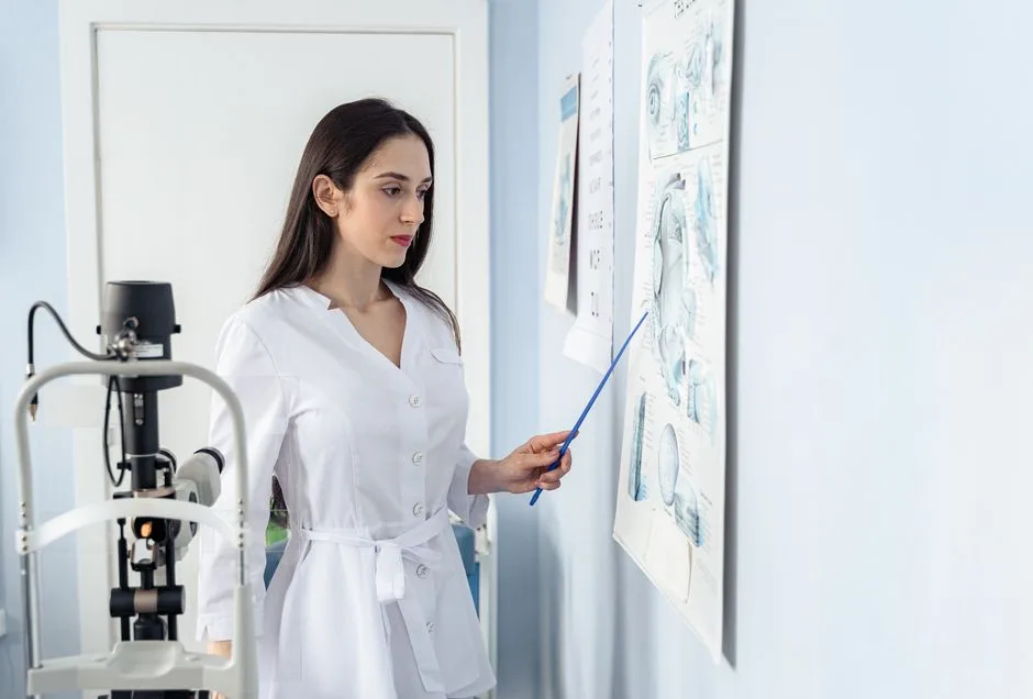 A professional female ophthalmologist examines an eye chart in a clinic setting, emphasizing eye health.