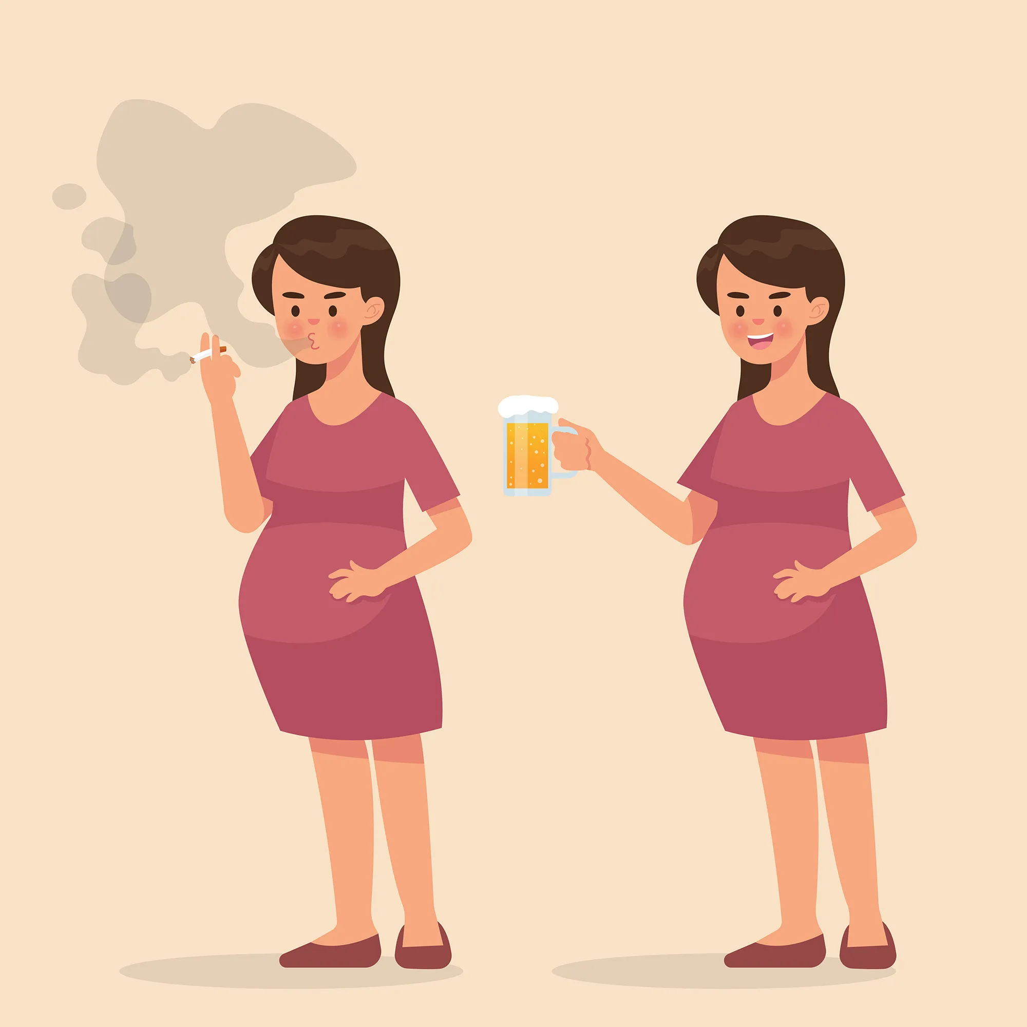 pregnant woman smoking cigarette and drink a beer