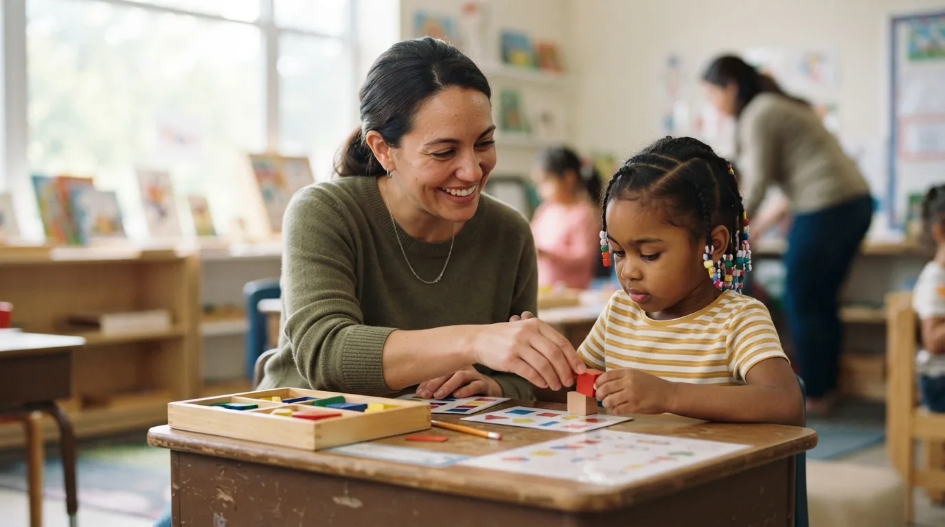 a teacher sitting with a young child at a desk, using colorful learning materials
