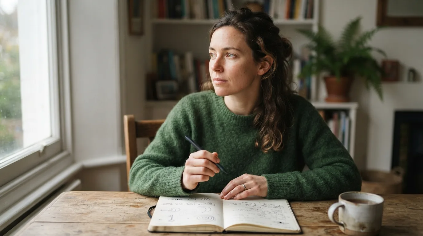 a person reflecting on dream symbols with a notebook